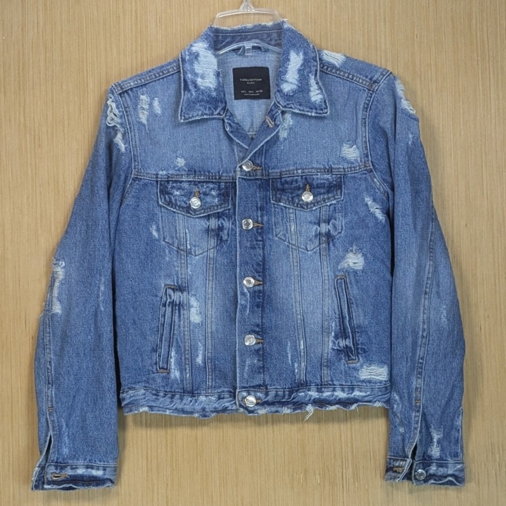 Zara Denimwear‎ Distressed Blue Jean Denim Jacket Streetwear Biker Womens Large